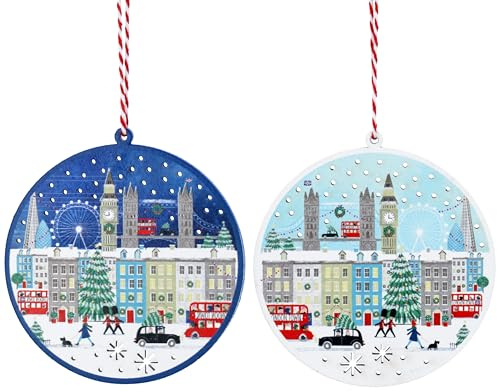 Gisela Graham London Scene Wooden Disc Christmas Tree Decorations, Set of 2