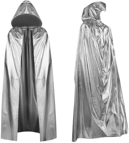 Aomig Silber Umhang Vampir Umhang Jedi Mantel Mittelalter Umhang mit Kapuze Erwachsene Unisex Scream Kinder Cape Kostüm Damen Halloween Costume Maskerade Familienfeier Herren Karneval Cosplay-150cm