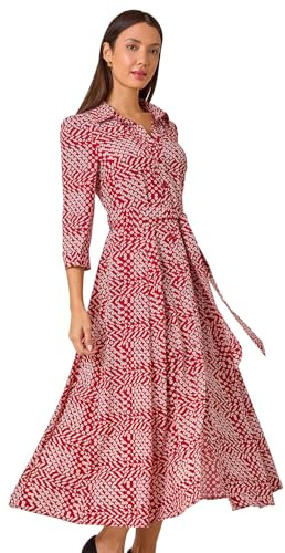 Roman Originals Shirt Dress for Women UK- Ladies Long Sleeve Belted Collared Midi Maxi Winter Autumn Smart Casual Button Through Evening Office A Line Swing Skater - Red Pink - Size 14