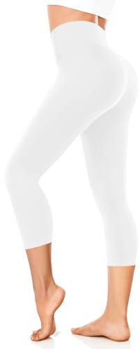 FuelMeFoot 3/4 Leggings Damen High Waist Schwarz Capri Leggins Blickdicht für Sport Yoga Gym.A2-Weiß S/M