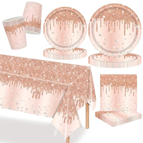 MORAINJAY Ensemble de vaisselle en or rose 69 pièces, assiettes en papier, nappe, verres, serviettes, fête d'anniversaire, mariage, anniversaire, fête de fête, décoration de table d'anniversaire