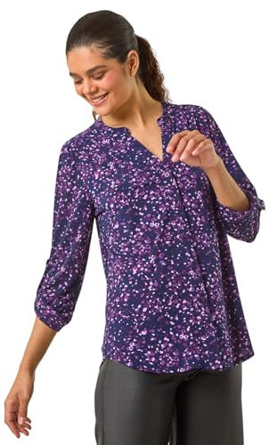 Roman Originals Shirt Top for Women UK Ladies Collarless Blouse Smart Tunic Button Through Longline Asymmetric Hem 3/4 Length Roll Up Sleeves V Neck Going Out - Purple Multi - Size 12