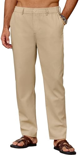 COOFANDY Pantalon Homme en Lin Léger Pantalon d'été Décontracté Pantalons de Plage Uni avec Poches Taille Elastique Kaki XL