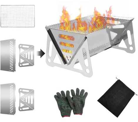 Foyucool Portable Camping Fire Pit, Folding Stainless Steel Fire Pit Grill, Mini Mesh BBQ Fire Bowl Fireplace, with Carry Bag and Gloves, Simple Assembly and Easy Cleaning, for Outdoor BBQ, Camping
