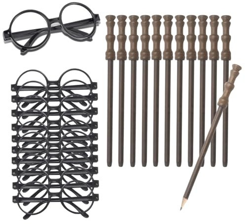 Cosplay Zauberer Partyzubehör Set – Zauberstab Bleistifte,Zauberbrille mit rundem Rahmen ohne Gläser für Geburtstagsfeiern, Schulbelohnung, Halloween-Dekoration,Geburtstagsgeschenk,je 12 Stück