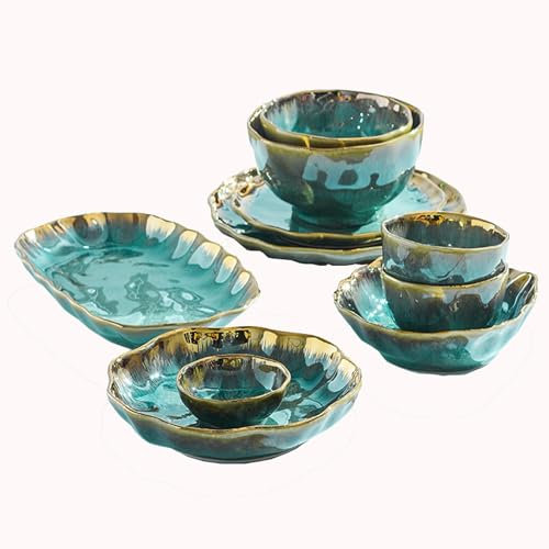 HhYyLr Set Piatti Eleganti Set di stoviglie pregiate,Set di Piatti e Ciotole,Set di Ciotole per Cereali e Piatti da Bistecca,Set di Piatti in Ceramica,Set di stoviglie Natalizie,Bordo Verde e Dorato