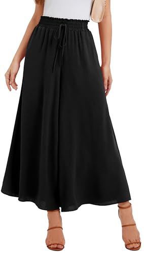 WUWUSKY Jupe Culotte Femme Pantalon Large Taille Haute Pantalon d'Été Léger Infroissable de Plage avec 2 Poches pour Quotidien et Soirée, 01 Noir, L