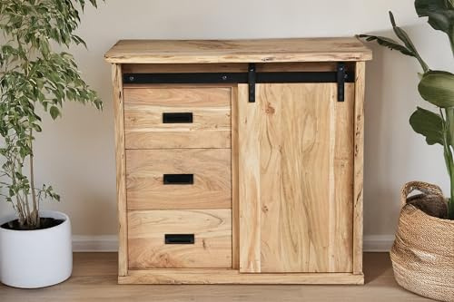 SAM Sideboard Lian V | Akazienholz massiv | Farbe: Natur | 90x45x85 cm | 2 Fächer & 3 Schubladen | Holz-Schiebetür mit Baumkante | Kommode mit gusseisernen Elementen