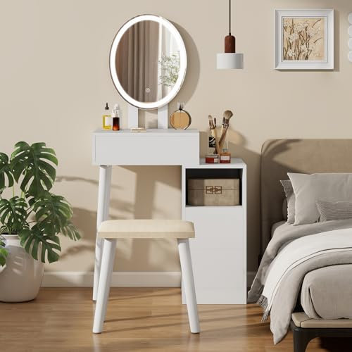 YU YUSING Schminktisch mit LED-Beleuchtung Spiegel 3 Farben, Schminktisch mit Schrank, 3 Schubladen, Frisiertisch Kosmetiktisch Frisierkommode Make Up Vanityfür Schlafzimmer, Modern, Weiß, Ohne Hocker