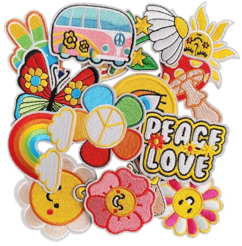 GYGYL 16Pcs Hippie Iron on Vintage Patches Groovy Boho Peace Sign Sew on Embroidered Patches for Clothes, Backpack, Jackets, Jeans, Shirt DIY Crafts