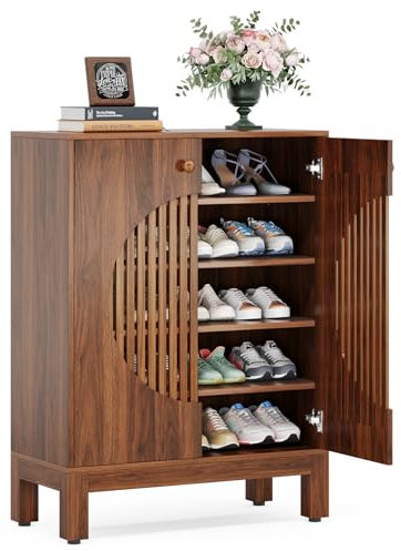 Tribesigns 5-stöckiger Schuhschrank mit runden Lamellentüren, 20 Paar Bauernhaus-Schuhschrank mit verstellbaren Regalen, Holzregal Organizer für Eingangsbereich, Flur, Wohnzimmer (braun)