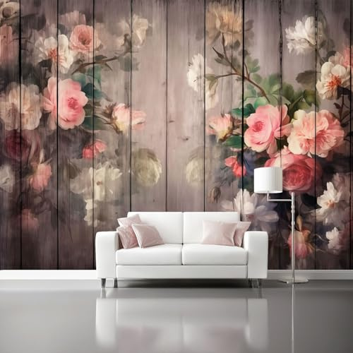 Vlies Fototapete 350 X 256 Cm Retro-Blumen 3D Effekt Braun Holz Rosa Rosen Tapeten Für Wohnzimmer Schlafzimmer Tv Hintergrund Vliestapete Wandtapete Tapete