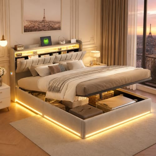 Polsterbett 140 X 200 mit LED und USB-Anschlüssen, Bettkasten mit hydraulischer Aufbewahrung, Lattenrost, Samt-Stoff, Doppelbett modernes Design, ohne Matratze (Samt Grau, 140 * 200)