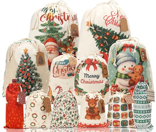 AhfuLife 12 Pcs Christmas Drawstring Gift Bags, Extra Large Fabric Cloth Christmas Sacks Bags with Wine Bottle Bag for Gift, Reusable Canvas Xmas Wrapping Bags for Present Party Decorations