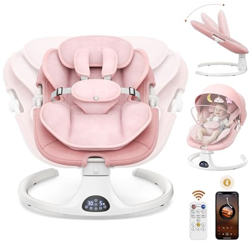 Hamaca eléctrica Bebe con arnés de 5 Puntos, 5 Modos de balanceo, Temporizador de 3 Niveles, Mando a Distancia y música, se Puede Utilizar en Interiores y Exteriores (Rosa)