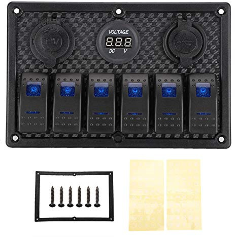 Panneau d'interrupteur à bascule 6 gangs étanche pré-câblé avec prise allume-cigare 2 affichage de voltmètre USB 12 V 24 V pour voiture bateau camion RV matériau ABS noir PC