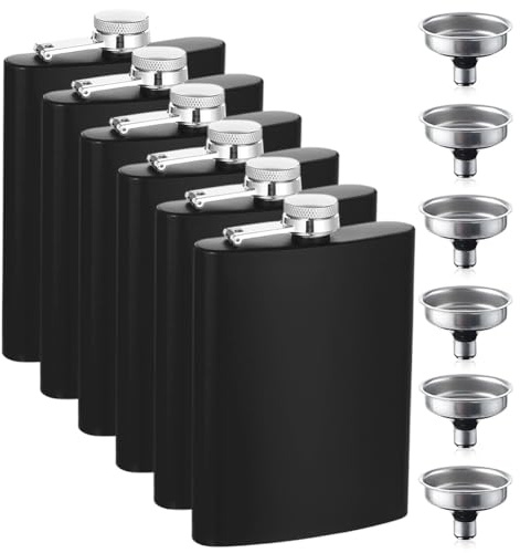 Wapasezyar Petaca de acero inoxidable con embudo, petaca de 227 ml, color negro, adecuado para llevar alcohol y licor, juego de botellas portátiles para hombres y mujeres (6, negro)