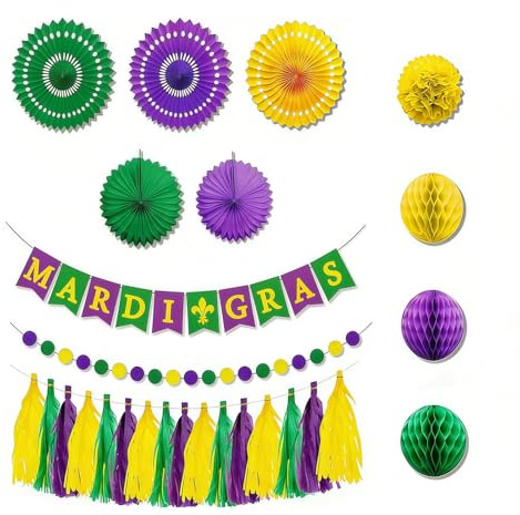 27-teiliges Mardi-Gras-Deko-Set – Glitzer-Banner, Papierfächer & Pompons in Gold, Lila & Grün für Karneval, Fasching und New-Orleans-Mottoparty