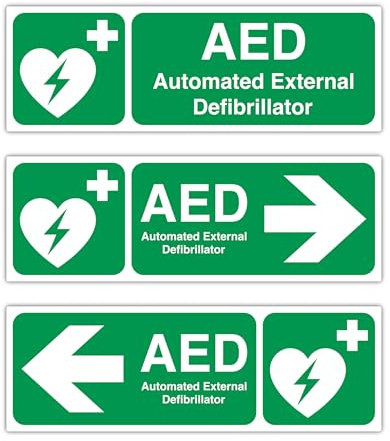 Confezione da 3 cartelli di emergenza DAE, 300 x 100 mm, defibrillatore esterno automatizzato con frecce direzionali sinistra e destra, in polipropilene autoadesivo