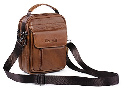 hengwin Leder Schultertaschen Herren, Kleine Umhängetasche Männer Business-Tasche Messenger Bag Handgelenktasche Handytasche Gürteltasche Reisetasche mit Gürtel Schleife (Braun)