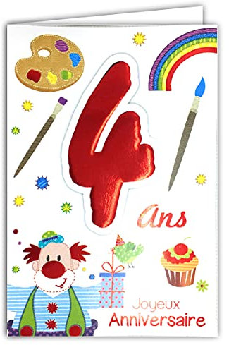 Age Mv 69-2004 Carte Joyeux Anniversaire 4 ans Enfant Garçon Fille motif Clown Cadeau Oiseau Gâteau Cupcake Peinture Pinceaux Arc-en-ciel