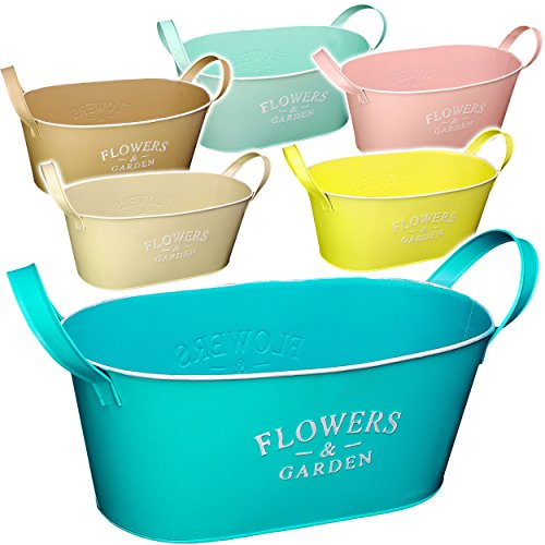 alles-meine.de GmbH 1 Stück Design - Blumentopf/Pflanzkübel/Pflanzschale - Metall - Flowers & Garden - bunter Farbmix - Pastell - OVAL - 34 cm - MITTEL - mit Henkel - E..