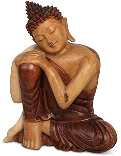 livasia Buddha Figur aus Holz 30cm hoch – Balinesische Handwerkskunst – Buddha Figuren aus Suarholz, einzigartiger hell-dunkel Kontrast, traditionelle Handarbeit, jedes Stück EIN Unikat