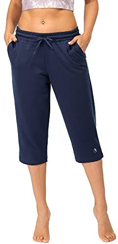 icyzone Damen Jogginghose 3/4 Sporthose Trainingshose Straight Bein Freizeit Hose mit Tasche (L, Navy blau)