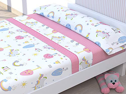 Cabello Textil Hogar - Juego de sábanas Infantiles de Microfibra Transpirable Mod. Pink Horse (Cama de 90 cm (90_x_190/200 cm))