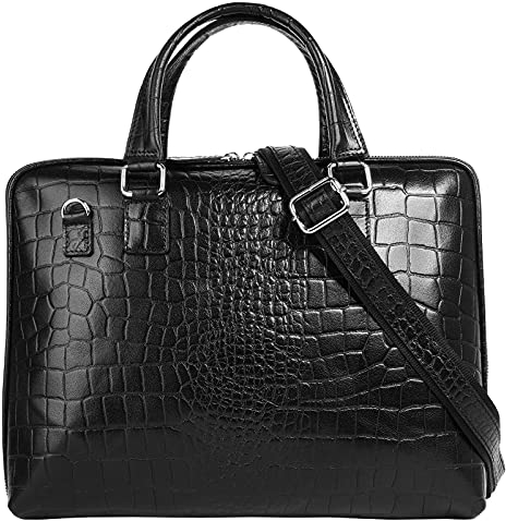 Cluty Aktentasche Echt Leder Damen | Business Tasche, Smartphonefach, Bürotasche mit Kroko-Prägung schwarz | 021142
