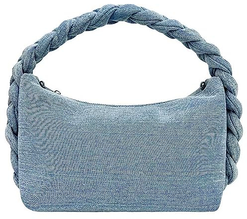 Damen Denim Geldbeutel Vintage Jeans Geldbörse Gewebter Top Griff Handtaschen Leichte Designer Crossbody Taschen mit Kette, Hellblau