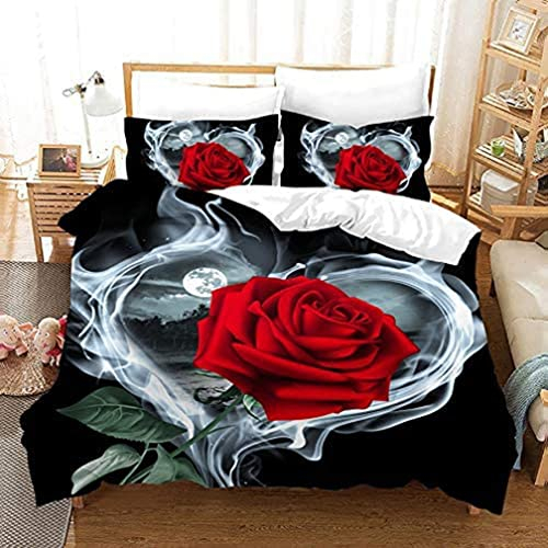 AOXHFNV Rose Duvet Cover Set - 3D Red Rose Bedding Set for Girls - 3-Piece with 2 Pillowcases (Red, 135 x 200 cm)