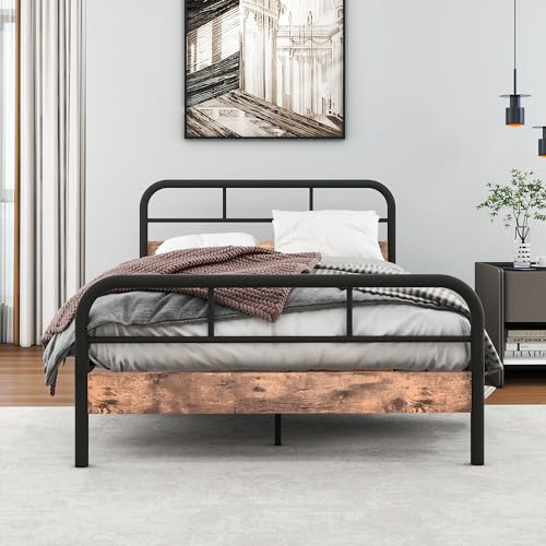 HOMERECOMMEND Moderne Metallbett Bettgestelle mit Lattenrost mit Holz Kopfteil und Fußteil Heavy Duty Metall Plattform Bettrahmen Solid und Stabil 120x200cm Schwarz/Rustic Braun…