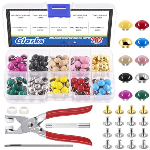 Glarks 200 Sets Leder Nieten Kit 9mm Doppel Runde Kappe Leder Nieten 10 Farben Kappen Leder Nieten, Metallnieten mit 3Pcs Einstellung Werkzeug Kit für Leder Handwerk Reparaturen Dekoration