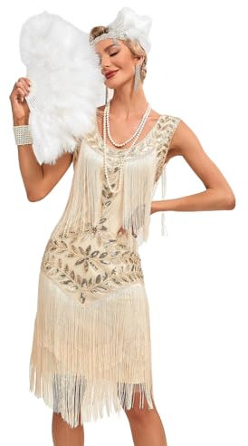 VILOREE Retro 1920er Damen Flapper Kleider voller Pailletten V-Ausschnitt Great Gatsby Motto Party Beige (56) M