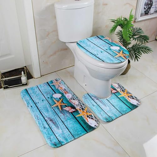 Badematten & Badteppiche Set 3 Teilig Schwarz Gold Mikrofaser Flauschige Marmor Muster Badezimmerteppich WC Vorleger mit Ausschnitt Waschbar rutschfeste Badvorleger Toilette Teppich (T-Hellblau, 3pc)