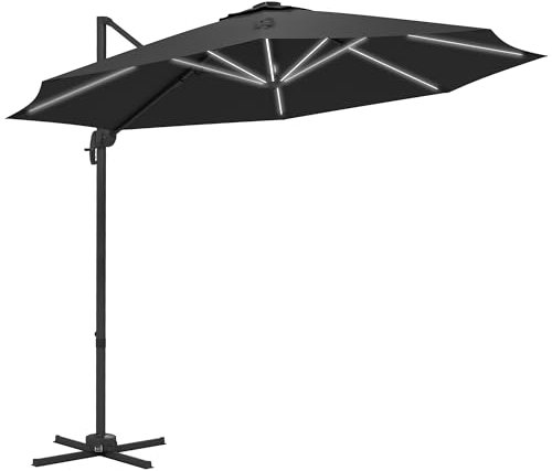 Outsunny Sombrilla con Brazo para Exterior con Luces LED y ángulo Ajustable, sombrilla de jardín de Aluminio y poliéster, diámetro 3 x 2,5 m, Gris