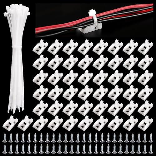 VooGenzek 50 Sets 24.2 * 13.3 mm Saddle Type Cable Tie Mount Bases, Saddle Type Mount Wire Holder, with M3.5 Screws and Cable Ties, for Wire and Cable Tidy, White