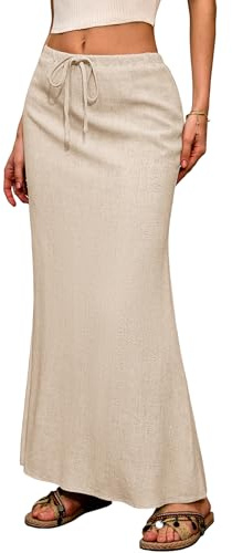 ELLEVEN Linen Flared Maxi Skirt, Boho Flowy Skirts Beige Small