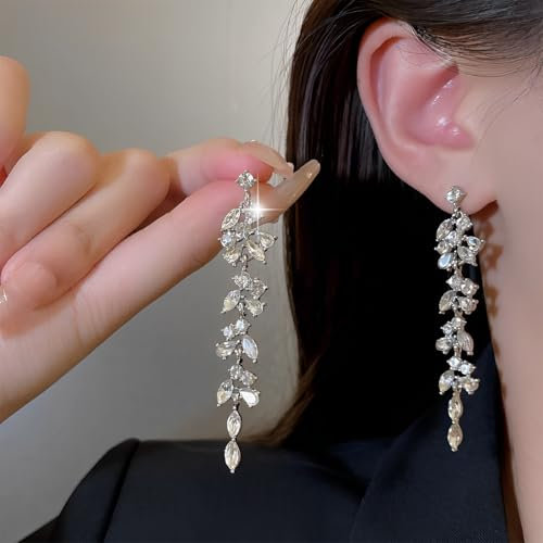 ZORVUJI Pendientes Largos de Strass, Colgantes, Candelabro de Cristal, Joyería de Boda para Novias, Mujeres y Niñas (Plata)