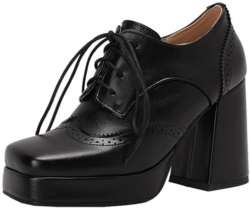 Vrupons Modische Lederschuhe mit Klobigen Absatz Dicke Sohle Quadratische Spitze Langlebige stilvolle Schuhe für Frauen Perfekt für den Alltag und besondere Anlässe (Schwarz, 35 EU)