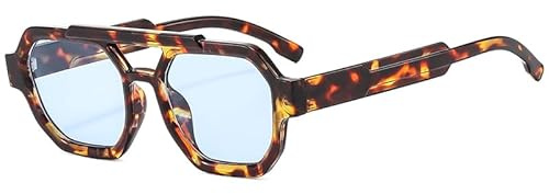 YAMEIZE Occhiali da Sole Retrò Pilota per Uomo Donna Vintage Quadrati Doppio Ponte Occhiali 70s Telaio spesso Occhiali (Blu leopardo)