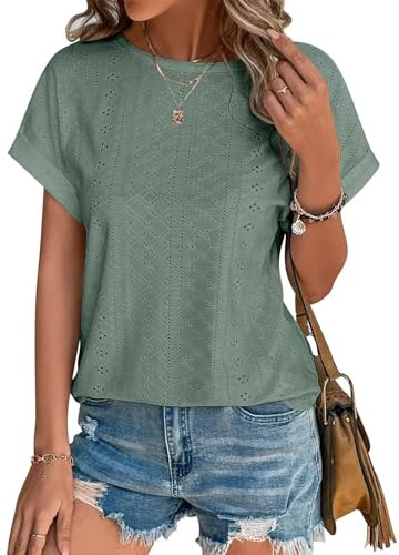 Bluse Damen Sommer Tshirt Elegant Kurzarm Top Lässige Lochstickerei Oberteil Kleidung Casual Shirts Rundhals Sommerblusen Tunika