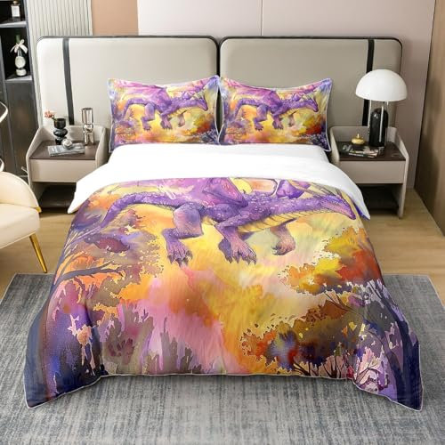 Juego de funda de edredón de algodón con diseño de dragón morado, tamaño individual, juego de ropa de cama con 1 funda de almohada, funda de edredón con pintura de tinta amarilla y naranja (sin
