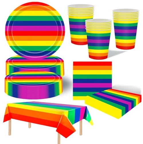 69Pcs Rainbow Party Tableware Set,Gay Pride Party Supplies Rainbow Decorations Plastics Tablecloth Paper Plates Cups and Napkins LGBTQ Dinnerware Set for Kids Birthday,LGBT Rainbows Parties Supplies