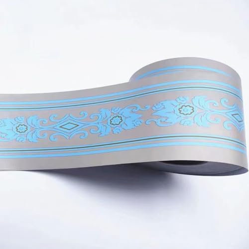 VisitRyl Blue Silver Wallpaper Border Self Adhesive Wall Tiles Decorative, Peel and Stick Wall Border Bathroom Stickers Blue Silver European Flower 12cm X 1000cm