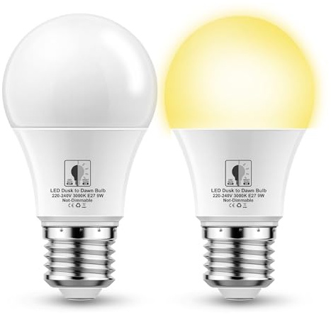 E27 LED Lampe mit Dämmerungssensor, 9W Ersetzt 60W Warmweiß 3000K, 2 Stück | Lichtsensor Glühbirne, Auto Ein/Aus LED Glühbirne mit Tageslichtsensor für Korridor Garage Garten