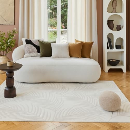 TAPISO Terra Teppich Kurzflor Creme Weiß Beige Palmen 200 x 300 cm | geometrisch Muster 3D Effekt für Wohnzimmer & Schlafzimmer strapazierfähig pflegeleicht oeko-tex
