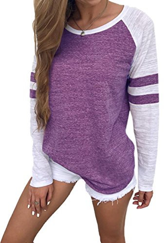 Famulily Women's Long Sleeve Baseball Tee Shirt Crew Neck Colorblock Striped Tops(Purple,Large)
