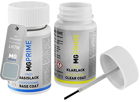 MG PRIME Lackstift für Volkswagen LK7W / K7W / 5H Silveressence Metall. +1K | für Volkswagen VW, Silver Essence / Silveressence Metallic, Autolack, Set aus Basislack + Klarlack, Lackfläschchen mit Pinsel